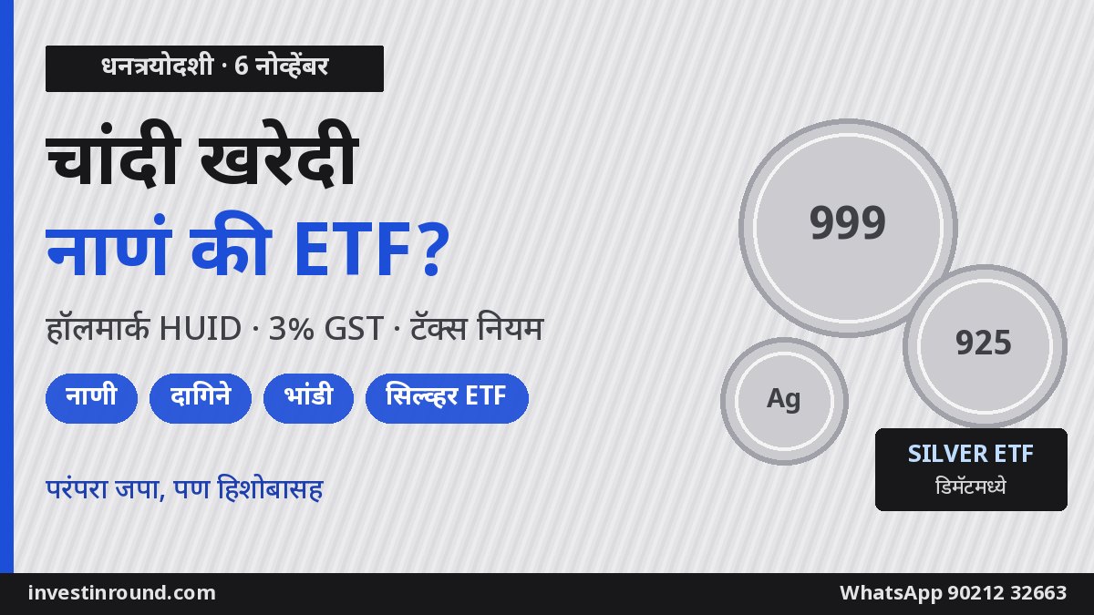 धनत्रयोदशीला चांदी: नाणी, भांडी की सिल्व्हर ETF? हॉलमार्क, GST आणि टॅक्सचे 2026 चे नियम 1 धनत्रयोदशी चांदी खरेदी नाणी भांडी सिल्व्हर ETF हॉलमार्क HUID 2026 मराठी