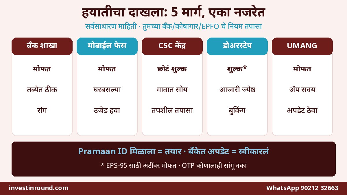 हयातीचा दाखला देण्याचे पाच मार्ग बँक शाखा मोबाईल फेस CSC डोअरस्टेप UMANG तुलना
