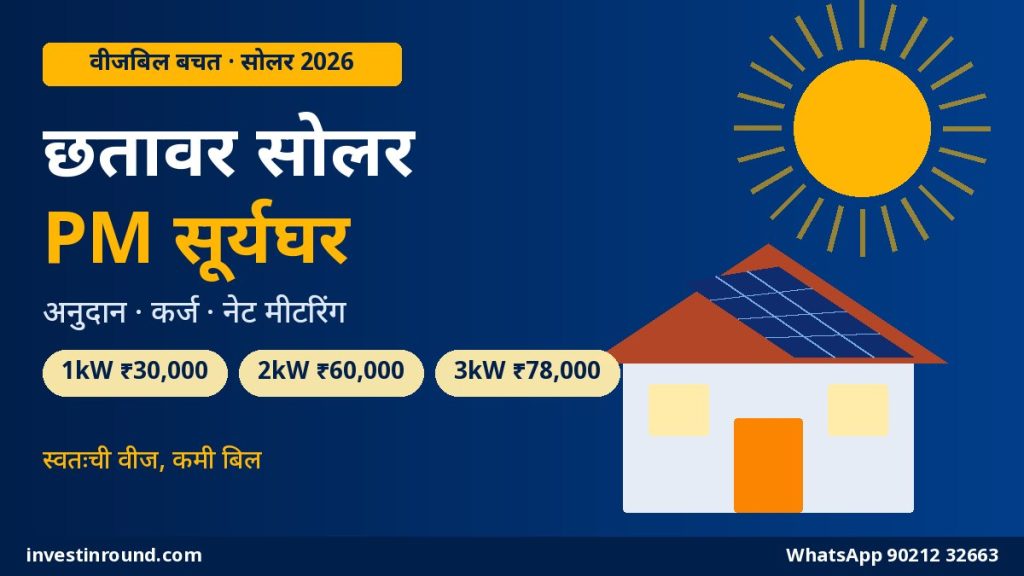 घराच्या छतावर सोलर पीएम सूर्यघर मोफत वीज योजना महाराष्ट्र अनुदान कर्ज आणि वीजबिल बचत 2026 मराठी गाइड